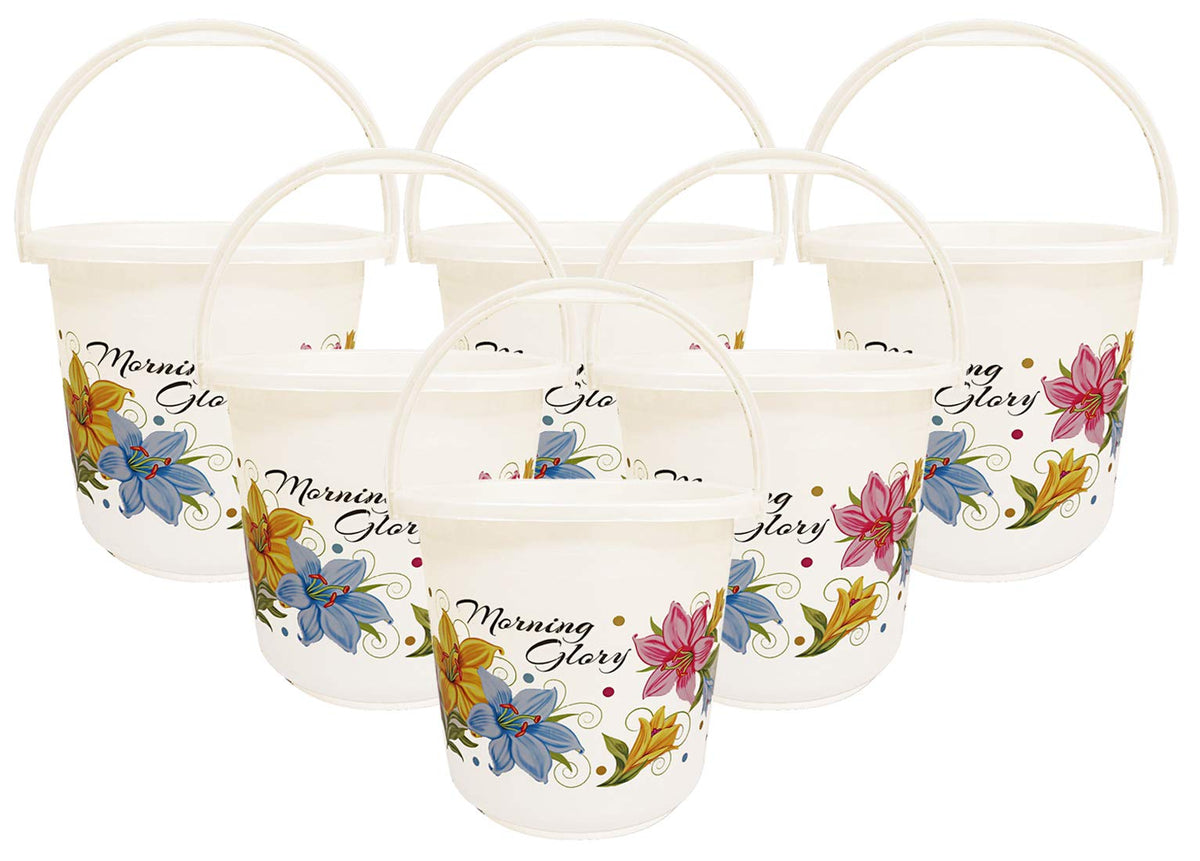 Kuber Industries Floral Print 6 Pieces Unbreakable Strong Plastic Bathroom Bucket 16 LTR (White) -CTKTC34849