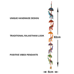 Heart Home Rajasthani Traditional Windchimes|5 Hanging Umbrella & Elephants|Polyester Handcrafted Latkan|Decorative Door Hanging Latkan (Multicolor)