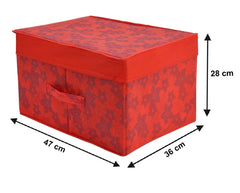 Heart Home Metallic Flower Printed Multipurposes Non-Woven Flodable Storage Box/Oragnizer (Red)-HS43HEARTH26586