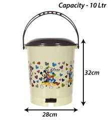 Kuber Industries Multiuses Mickey & Friends Print Plastic Dustbin For Home, Kitchen, Office, Bathroom With Swing Lid 10 Litre (Cream)