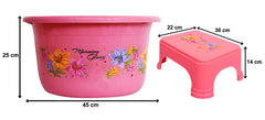 Kuber Industries Printed 2 Pieces Unbreakable Virgin Plastic Multipurpose Bathroom Tub & Stool Set (Pink)