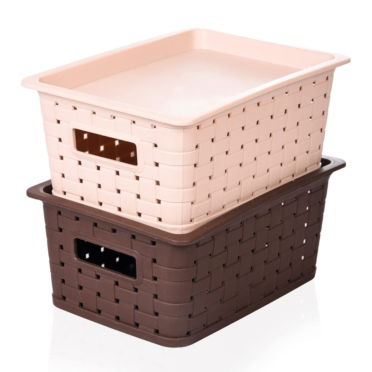 Kuber Industries BPA Free Attractive Design Multipurpose Small Trendy Storage Basket With Lid|Material-Plastic|Color-Brown,Beige|Pack of 2