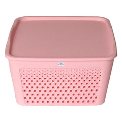 Heart Home Netted Design Unbreakable Multipurpose Square Shape Plastic Storage Baskets with lid Large (Pink)