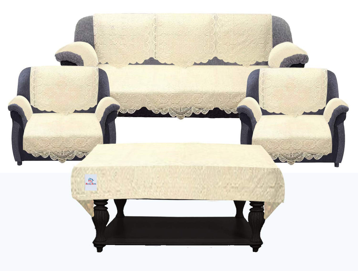 Heart Home Circle Design Cotton 5 Seater Sofa Cover Set with 6 Pieces Arms Cover and 1 Center Table Cover (Set of 17, Cream)-HEART11998, Standard