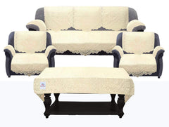 Heart Home Circle Design Cotton 5 Seater Sofa Cover Set with 6 Pieces Arms Cover and 1 Center Table Cover (Set of 17, Cream)-HEART11998, Standard