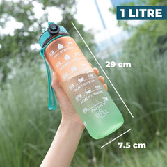 Homestic Motivational Water Bottle with Time Marker | Sipper Water Bottle for Kids & Adults with Straw | For Gym, Home, Office & School | Orange Green -1 L