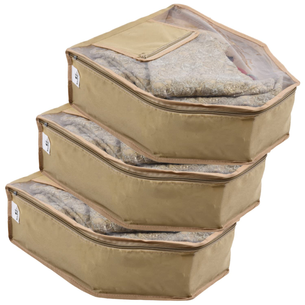 Kuber Industries Blouse Cover | Non Woven Foldable Wardrobe Organizer For Woman | Cloth Organizer Top Transparent & One Small Pocket | Pack of 3 | Cream