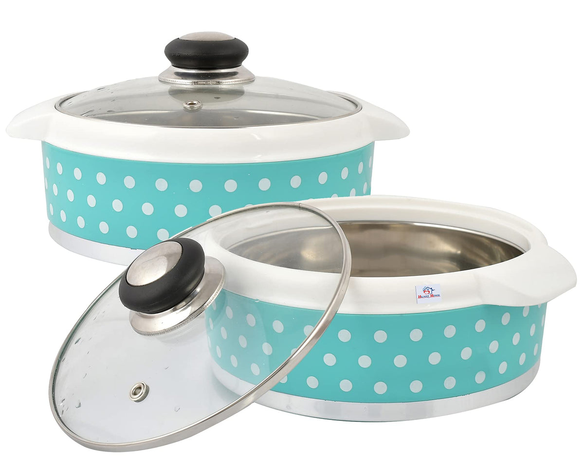 Heart Home Dot Printed BPA Free Food Grade Inner Stainless Steel Casserole Keeps Chapati, Food, Curry With Toughened Glass Lid, 1500ml- Pack of 2 (Green)-HS42KUBMART25004