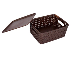 Heart Home Multipurposes Plastic Basket With Lid|Durable Plastic Material|Organizer For Kitchen|Size 26 x 20 x 11, Pack of 4 (Grey)-46HH076