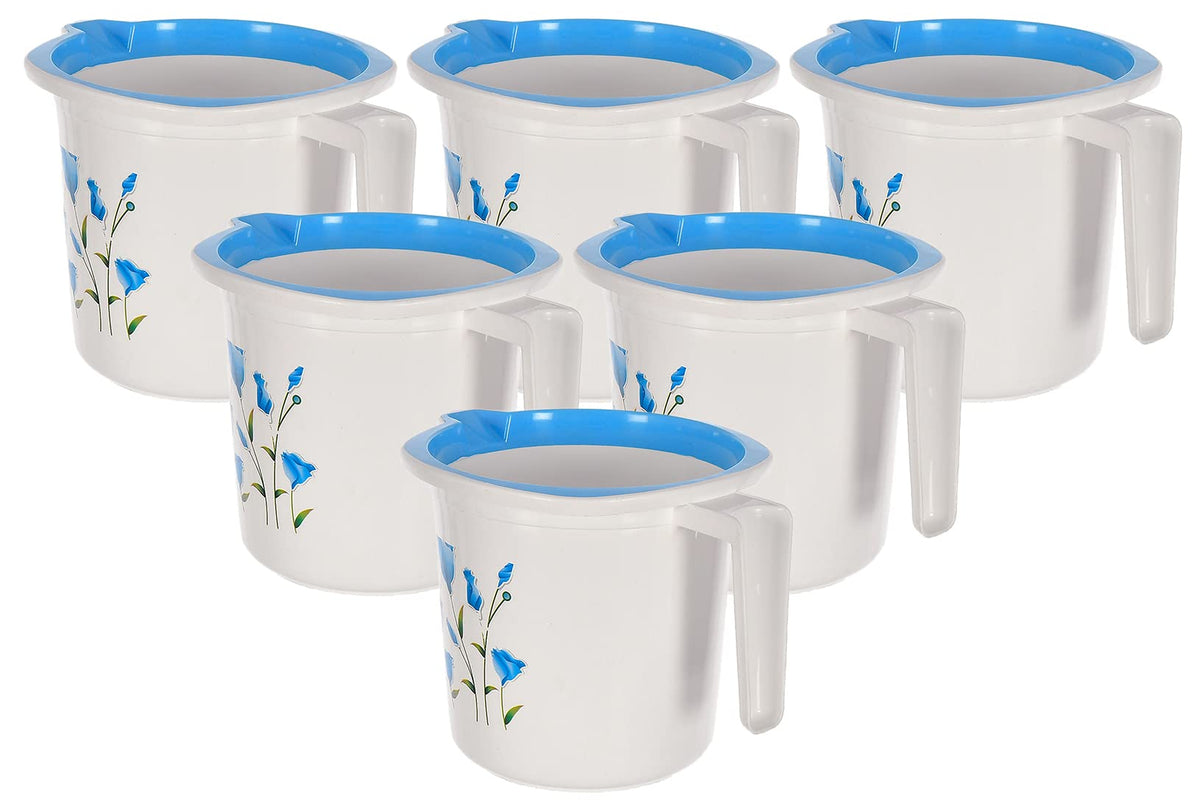 Kuber Industries Floral Print Plastic Bathroom Mug 1.5 Litre Pack of 6-46KM0197, Blue & White, Standard