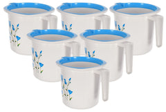 Kuber Industries Floral Print Plastic Bathroom Mug 1.5 Litre Pack of 6-46KM0197, Blue & White, Standard