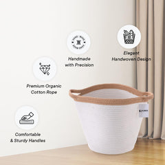 Urbane Home Cotton Woven Storage Basket With Handle|Shelf Basket Hamper|Organizer for Toys, Socks, Cosmetic|Capacity 21 L|White|