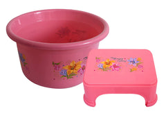 Kuber Industries Printed 2 Pieces Plastic Bathroom Tub & Stool Set (Pink)