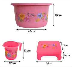 Heart Home Printed 3 Pieces Plastic Mug, Tub & Stool Set (Pink)