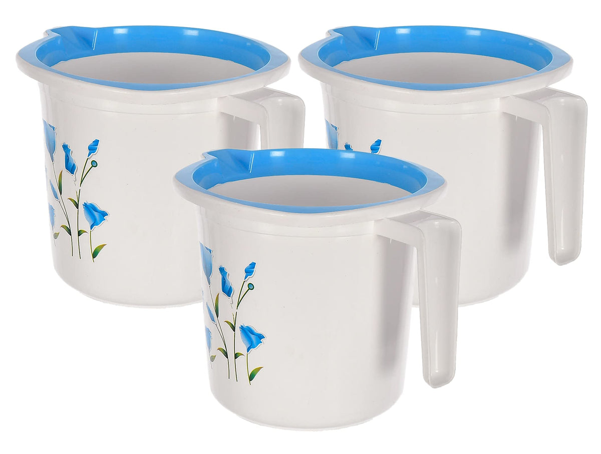 Kuber Industries Floral Print Plastic Bathroom Mug 1.5 litre Pack of 3 (Blue)-46KM0193