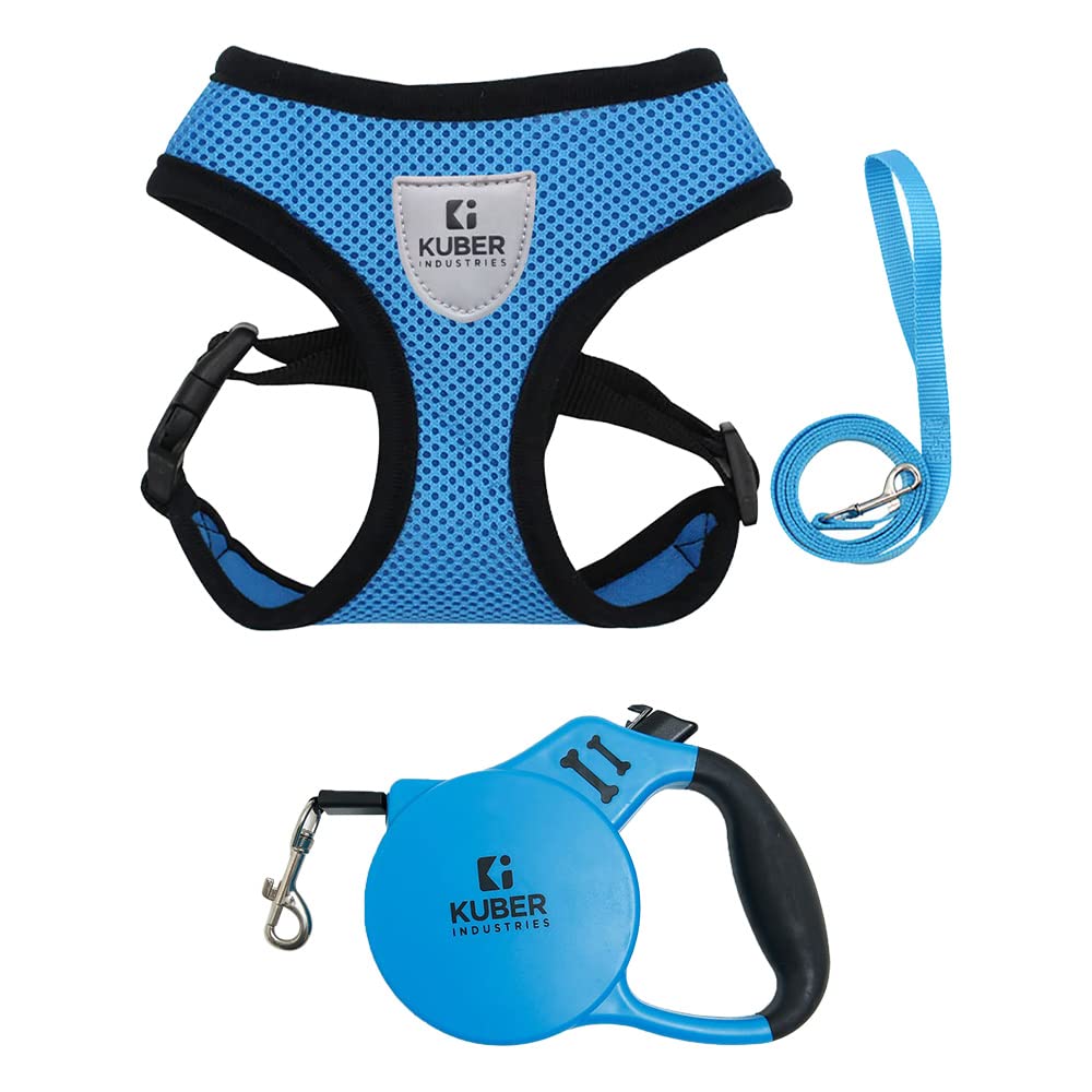 Retractable Dog Leash|One Button Break with Safety Lock (Blue), Dog Chest Harness with Nylon Leash I Adjustable, Reflective I Easy Control Dog Chest Belt I (Large, Blue)