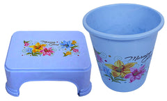 Kuber Industries Printed 2 Pieces Plastic Bathroom Dustbin & Stool Set (Blue)