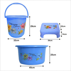 Kuber Industries Printed 3 Pieces Plastic Bucket, Stool & Tub Set (Blue)