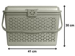 Kuber Industries Basket For Storage With Lid|Plastic Basket For Fruits, Vegetable|Kitchen Basket|Trendy Shopping Basket (Grey)