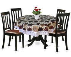 Kuber Industries Flower Printed Round Shape PVC Spillproof, Waterproof, Antislip, Wipe Clean 4 Seater Table Cover with White Lace Border, 60"x60" (Brown), Standard
