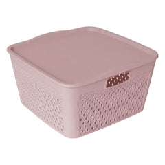 Heart Home Netted Design Unbreakable Multipurpose Square Shape Plastic Storage Baskets with lid Small Pack of 3 (Grey)