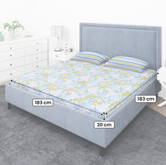 Kuber Industries Fitted Double Bedsheet|Elastic 130 GSM Polycotton King Printed Double Bedsheet with 2 Pillow Covers, 90x37 Inch (Blue)