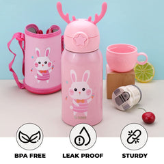 Urbane Home Water Bottle for Kids|Bunny Design Stainless Steel Flask with Straw, Cup & Fabric Cover|Sipper Bottle for Kids|Food Grade Plastic Lid|Broad Fabric Strap|Leak Proof, BPA Free|500 ml
