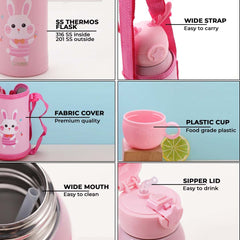 Urbane Home Water Bottle for Kids|Bunny Design Stainless Steel Flask with Straw, Cup & Fabric Cover|Sipper Bottle for Kids|Food Grade Plastic Lid|Broad Fabric Strap|Leak Proof, BPA Free|500 ml