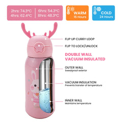 Urbane Home Water Bottle for Kids|Bunny Design Stainless Steel Flask with Straw, Cup & Fabric Cover|Sipper Bottle for Kids|Food Grade Plastic Lid|Broad Fabric Strap|Leak Proof, BPA Free|500 ml