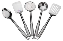 Heart Home Stainless Steel Kitchen Utensil, Cookware Set, Kitchen Tool- Set of 5 (Skimmer & Spatula & Solid Turner & Slotted Turner & Ladle) (Silver)