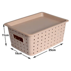 Heart Home BPA Free Attractive Design Multipurpose Small Trendy Storage Basket With Lid|Material-Plastic|Color-Light Brown|Pack of 2
