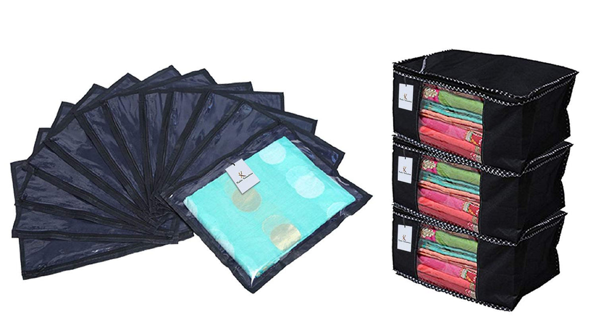 Kuber Industries 12 Pieces Non Woven Packing Saree Cover & 3 Pieces Multi Saree Cover Black