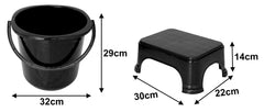 Heart Home 2 Pieces Unbreakable Virgin Plastic Multipurpose Bucket & Stool Set (Black)