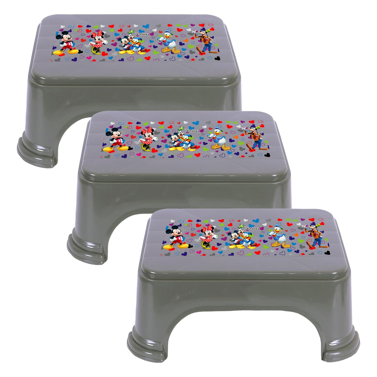 Kuber Industries Disney Team Stool | Bathroom Square Stool | Plastic Stool for Bathroom | Stool for Kitchen | Bathroom Patla | Support Stool for Bathroom | P6 | Pack of 3 | Gray