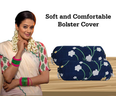 Kuber Industries Bolster Cover|Soft Cotton Bolster Cover Set|Diwan Round Bolster Pillow Covers|Luxurious Flower Print Roll Masand Cover|16x32 Inch|Pack of 4 (Blue)