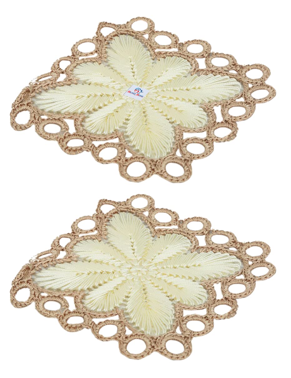 Heart Home Flower Design Square Cotton Coasters, Set of 2 (Cream)