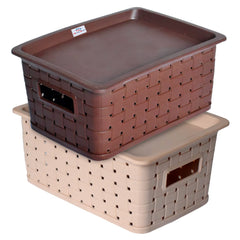 Heart Home BPA Free Attractive Design Multipurpose Small Trendy Storage Basket With Lid|Material-Plastic|Color-Brown,Beige|Pack of 2