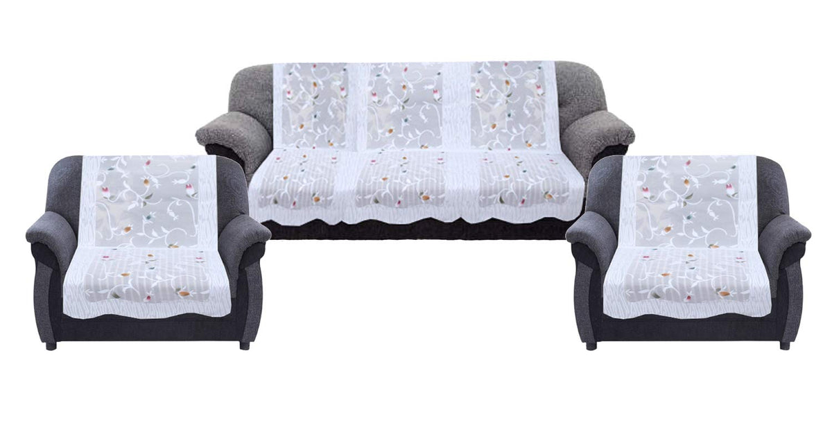 Kuber Industries Leaf Cotton 5 Seater Sofa Cover Set (White, Standard, CTKTC028702) - 6 Piece