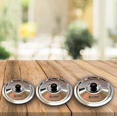 Kuber Industries Stainless Steel Multipurpose Lid with Knob | Sturdy Knob & Durable | Suitable for Pots, Pans, Kadhai, Tawa | Easy to Clean & Hold | Steel Cooking Lid Set of 3