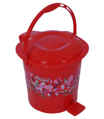 Kuber Industries Durable Flower Print Plastic Pedal Dustbin|Waste Bin|Trash Can For Kitchen & Home With Handle,7 Litre,Pack of 2 (Red)