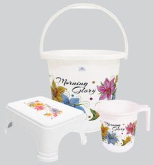 Heart Home Printed 3 Pieces Plastic Bucket, Mug & Stool Set (White)