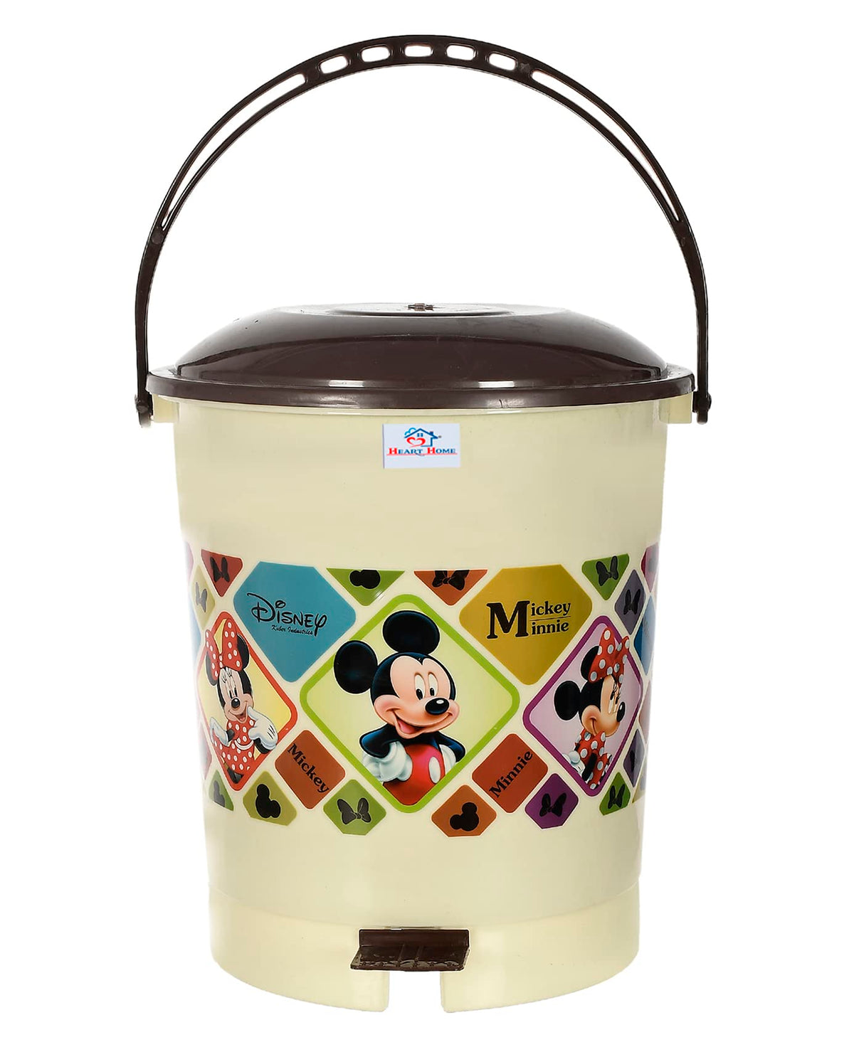 Heart Home Multiuses Mickey Mouse Print Plastic Dustbin For Home, Kitchen, Office, Bathroom With Swing Lid 10 Litre (Cream) 52HH3974
