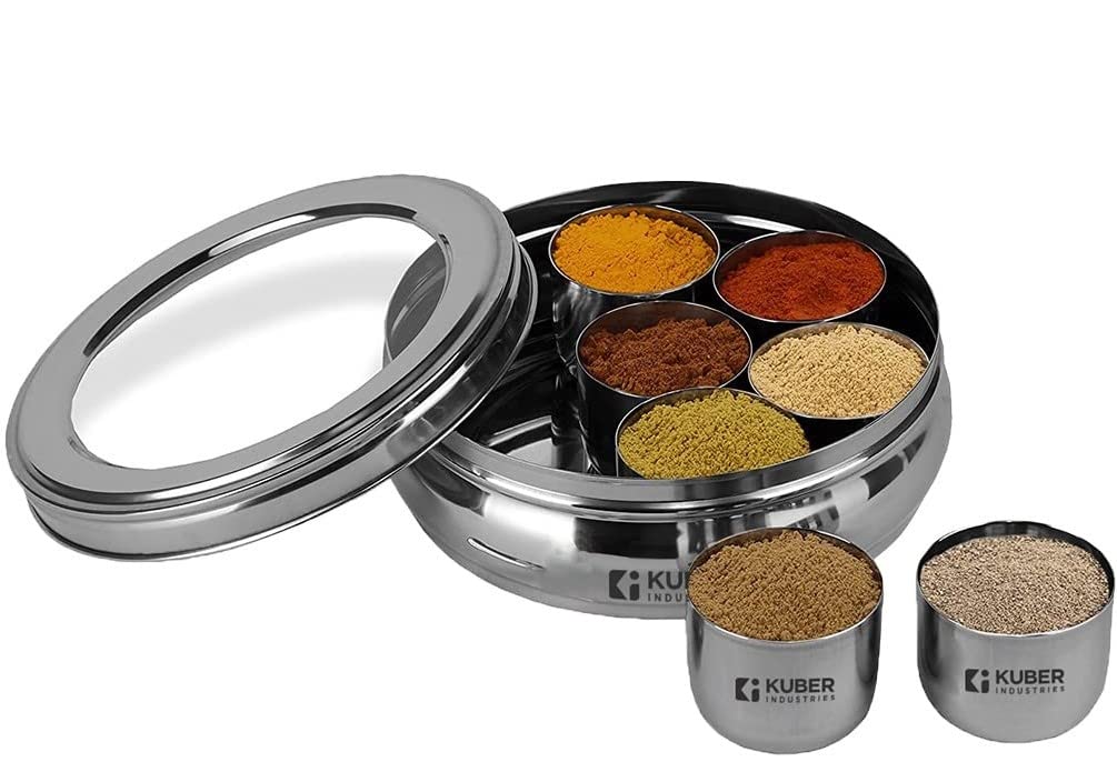 Kuber Industries 7 in 1 Stainless Steel Belly Shape Masala (Spice) Box I 7 Containers and Spoon I See Through Lid I Masala Daani/Dabba for Kitchen I Silver, Large (1250 ml)