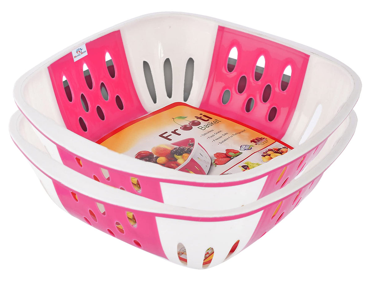 Heart Home Large Multi-Purpose Plastic Storage Baskets for Fruits Vegetables and Kitchen Fridge Dining Table- Pack of 2 (Pink)-HS42KUBMART25360
