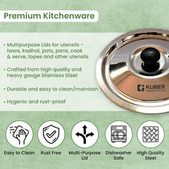 Kuber Industries Stainless Steel Multipurpose Lid with Knob | Sturdy Knob & Durable | Suitable for Pots, Pans, Kadhai, Tawa | Easy to Clean & Hold | Steel Cooking Lid Set of 3