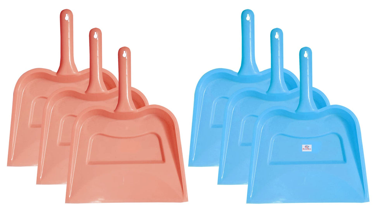 Heart Home Plastic Lightweight 12" Dustpan with Comfort Grip Handle for Easy Sweep Broom, Pack of 6 (Pink & Blue)