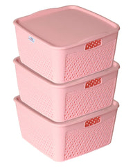 Heart Home Netted Design Unbreakable Multipurpose Square Shape Plastic Storage Baskets with lid Small Pack of 3 (Pink)