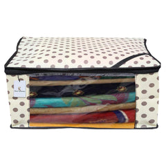 Kuber Industries Polka Dots Printed 6 Pieces Non Woven Fabric Saree Cover/Clothes Organiser for Wardrobe Set with Transparent Window, Extra Large (Ivory)-KUBMART2799