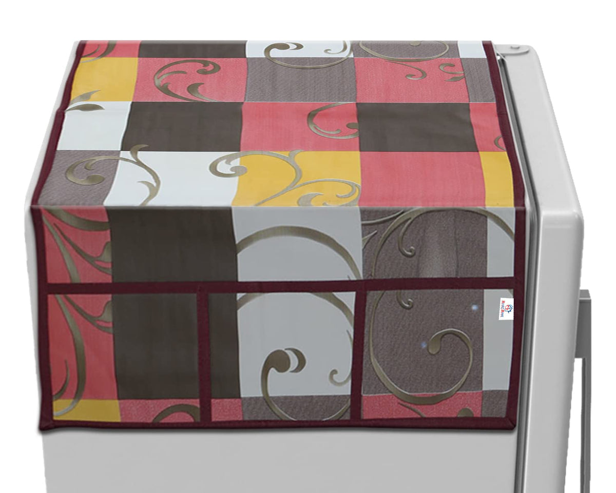Heart Home Check Print PVC Fridge Top Cover, Protect for Scratches with 6 Utility Side Pockets (Multicolour)