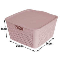 Heart Home Netted Design Unbreakable Multipurpose Square Shape Plastic Storage Baskets with lid Large (Grey)